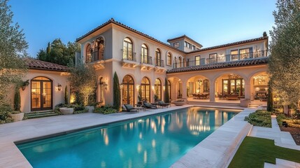 Mediterranean villa with pool at twilight.
