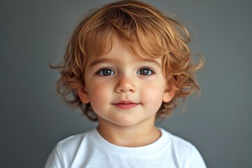 Naklejka premium Young child with curly hair smiles warmly against a neutral background in a studio setting capturing innocence and joy