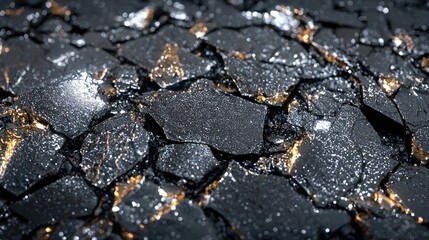 Close-up of cracked asphalt with metallic flakes.  Possible use Texture, background, design element