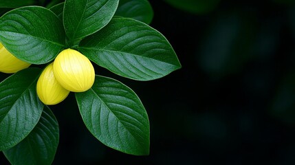 A close up of two yellow fruits on a plant with green leaves