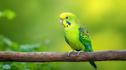 Green budgie perched on branch, forest background, nature photography