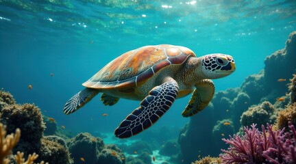 Fototapeta premium A Majestic Sea Turtle Gracefully Navigating a Vibrant Coral Reef Ecosystem