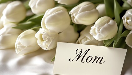 Bouquet of white tulips with a heartfelt message for mother on a soft surface showcasing love and affection