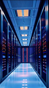High-tech data center corridor with illuminated server racks and vibrant LED lights, showcasing modern technology