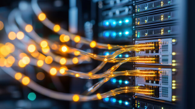 High tech server with glowing cables, showcasing data transfer and connectivity