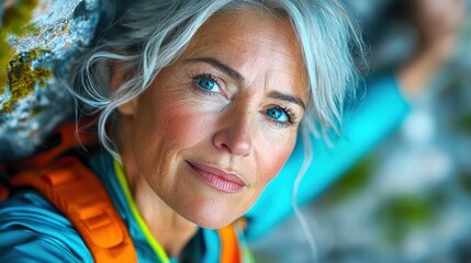 Experienced climber rests against a rock face during a challenging ascent in a scenic mountainous landscape at dawn