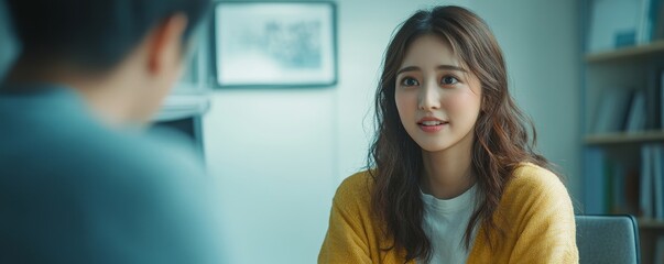 Obraz premium mental health treatment concept. Stressed asian patient talking with personal psychologist in therapist session have a burnout in work at clinic in office