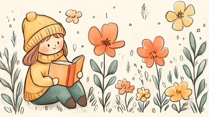 Cozy autumn reading: child with book in floral garden