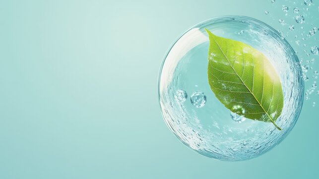 a green leaf and water molecules on a blue background for an eco-friendly product promotion banner with the copy space
