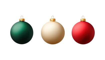 Festive Trio, A Green, Beige, and Red Christmas Ornaments Arranged, Isolated on White Background Cutout