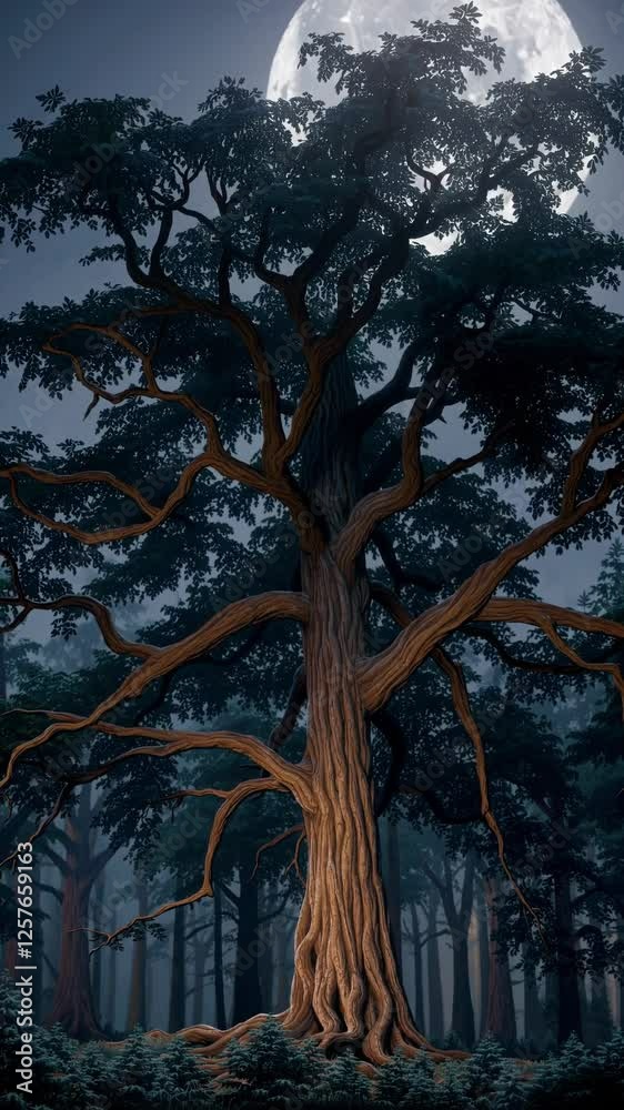 Leinwandbilder an ancient tree with glowing branches under a celestial moon, creating a mystical