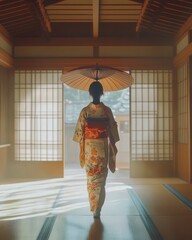 young Japanese woman in a colorful kimono, holding an umbrella, her footsteps echoing softly as she walks through the serene halls of an ancient Japanese home, with tatami mats and shoji screens