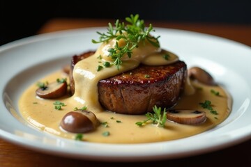 A succulent pan-seared meat medallion, artfully drizzled with a rich, creamy sauce, is elegantly presented on a pristine white plate, accompanied by saut?ed mushrooms and delicate herbs.