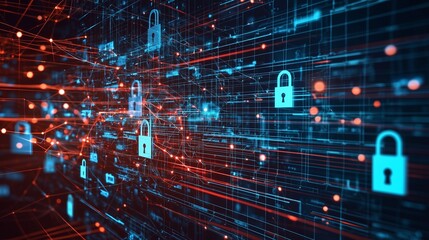 Fototapeta premium Digital locks symbolize cybersecurity layers protecting data in a network.
