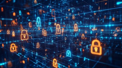 Obraz premium Digital locks on a network grid symbolize cybersecurity and data protection.