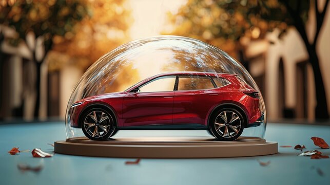 A car under a protective glass dome symbolizes comprehensive insurance and car protection.