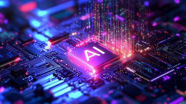 Ai microchip glowing on circuit board, symbolizing advanced technology.
