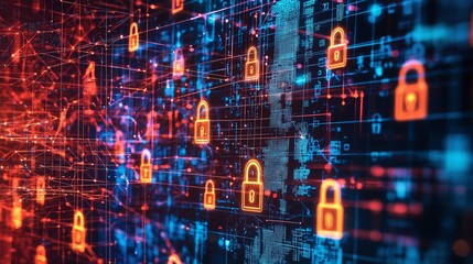 Fototapeta premium Digital locks on a network grid symbolize cybersecurity and threat detection.