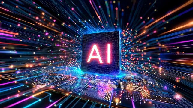 Ai chip surrounded by vibrant data streams symbolizes advanced processing power.