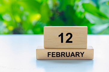 February 12 text on wooden blocks. Calendar concept with customizable space for text or messages.