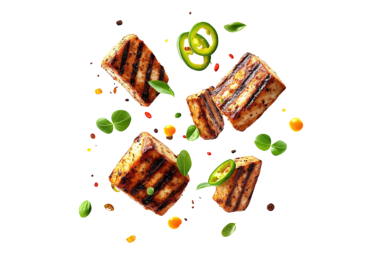 Grilled tofu blocks with green and yellow peppers and fresh basil floating isolated on white or transparent, PNG