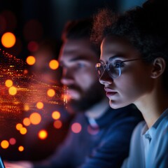 team of data scientists analyzing code at night