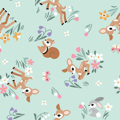 Seamless vector pattern with cute vintage fawn, rabbit and squirrel on floral background. Hand drawn woodland illustration. Perfect for textile, wallpaper or print design. EPS10 vector file.