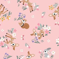 Seamless vector pattern with cute vintage fawn, rabbit and squirrel on floral background. Hand drawn woodland illustration. Perfect for textile, wallpaper or print design. EPS10 vector file.