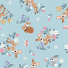 Seamless vector pattern with cute vintage fawn, rabbit and squirrel on floral background. Hand drawn woodland illustration. Perfect for textile, wallpaper or print design. EPS10 vector file.