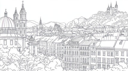 Fototapeta premium Cityscape, hilltop church, European architecture, trees, coloring book