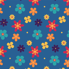 Groovy style flowers seamless pattern. Simple flowers minimalistic style. Floral background. Vector illustrations. Retro bright flowers