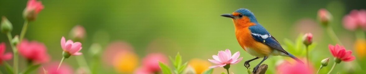 Fototapeta premium A colorful bird adorned with blossoms rests in a flower meadow , wings, pretty bird, spring