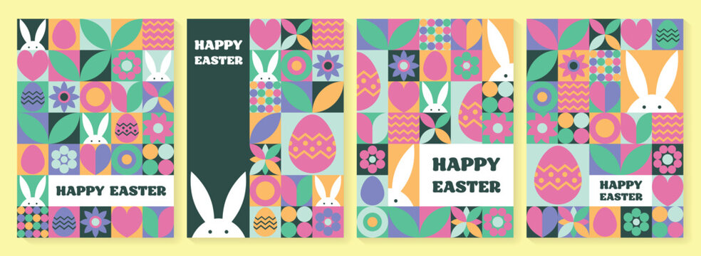 Set of geometric Easter greeting card. Abstract background with bunny, egg and flower. Vector illustration