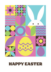 Easter bunny, egg and flower background. Geometric greeting card with cartoon elements. Vector illustration