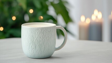 Light blue mug with candlelight background