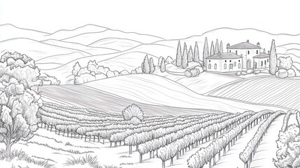 Fototapeta premium Tuscan villa vineyard landscape, rolling hills background; winery brochure