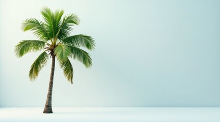 Obraz premium Serene Minimalist Scene Featuring a Single Palm Tree Against a Light Blue Wall