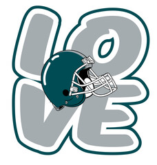 love - silver and midnight Green football player helmet, sport vector graphics, for street art - graffiti lettering typography - art illustration - multicolor - writen	