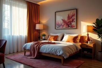 Fototapeta premium Warm Evening Light in a Serene Bedroom with Comfortable Bedding and Stylish Decor