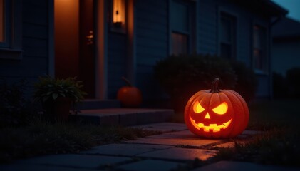 Obraz premium Glowing jack-o'-lantern on doorstep, eerie night , autumn, mystical