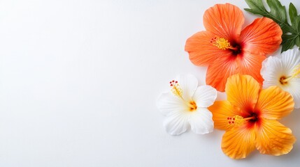 Three orange and white hibiscus flowers on a white background