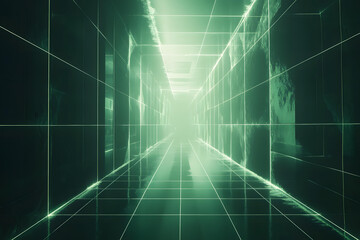 Obraz premium Abstract Green Corridor Futuristic Digital Art Graphic Design Neon Lights Glowing Lines Shiny Tiles Dark Background Virtual Reality