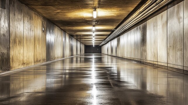 Long, lit concrete corridor;  reflective floor; background dark. Use industrial architecture