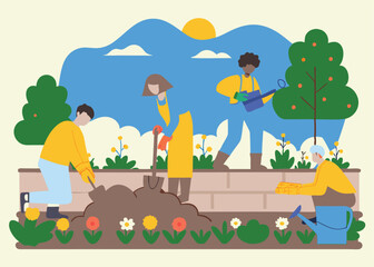 Obraz premium Flourishing Community Garden: Earth Day Celebration soil green happy local people