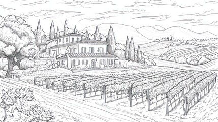 Tuscan Villa Vineyard Landscape, Rolling Hills