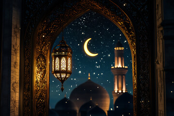 Ramadan Background &ndash; Glowing Golden Lantern, Intricate Archway & Majestic Mosque Silhouette

