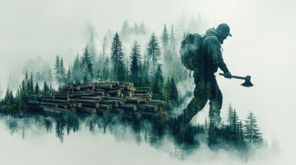 Fototapeta premium Double-exposure artwork showcasing a lumberjack swinging an axe in vibrant forest settings