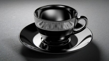 A sleek, black coffee cup and saucer reflect light, creating a minimalist and elegant scene.