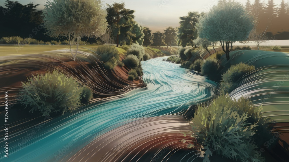 Poster Serene river flows through a picturesque landscape, surrounded by lush greenery and trees under a soft light.
