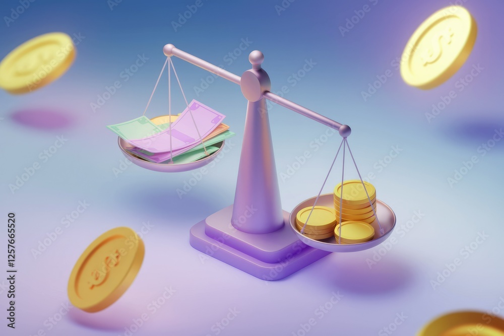 Poster a 3d rendering of a scale balancing cash and coins, symbolizing financial equivalence.